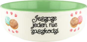 Biała miseczka z zielonym wnętrzem, napisem 'Jeszcze jeden nie zaszkodzi' i ciasteczkami, widok z przodu.