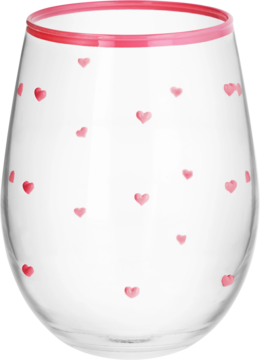 Przezroczysta szklanka bez nóżki w kształcie tulipana, zdobiona różowymi serduszkami i obwódką na krawędzi.