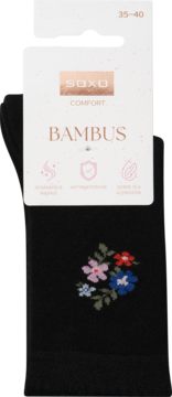 Czarne skarpety bambusowe SOXO z kolorowym haftem kwiatowym i białą metką „BAMBUS”. Widok z przodu.