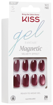 KISS Gel Fantasy Magnetic krótkie, czerwone żelowe paznokcie, aksamitny efekt, widoczne w białym opakowaniu.