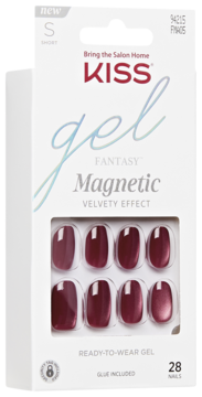 KISS Gel Fantasy Magnetic krótkie, czerwone żelowe paznokcie, aksamitny efekt, widoczne w białym opakowaniu.