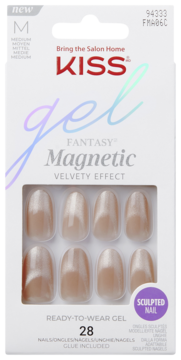 Kiss Gel Fantasy Magnetic sztuczne paznokcie. Beżowe, aksamitny efekt, średnie, widok z przodu opakowania.