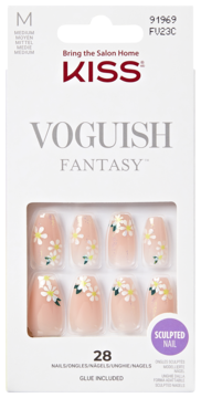 KISS Voguish Fantasy press-on nails, medium length, peach with white daisy floral design, glue included.