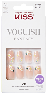 KISS Voguish Fantasy press-on nails, medium length, peach with white daisy floral design, glue included.