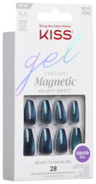 Nowe KISS Gel Fantasy Magnetic, niebieskie sztuczne paznokcie żelowe, średnie, trumienki, aksamitny efekt, w białym pudełku.