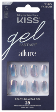 KISS Gel Fantasy Allure: krótkie, opalizujące sztuczne paznokcie z lustrzanym efektem. Widok opakowania z przodu.