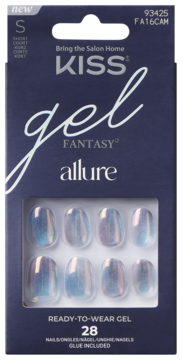 KISS Gel Fantasy Allure: krótkie, opalizujące sztuczne paznokcie z lustrzanym efektem. Widok opakowania z przodu.