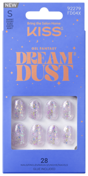Krótkie, brokatowe paznokcie KISS Gel Fantasy Dream Dust w fioletowym opakowaniu z gwiazdkami, z efektem tafli.