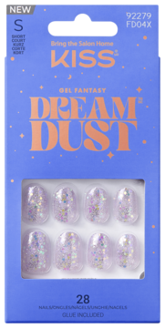 Krótkie, brokatowe paznokcie KISS Gel Fantasy Dream Dust w fioletowym opakowaniu z gwiazdkami, z efektem tafli.