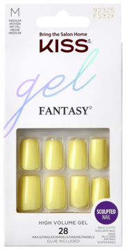 KISS Gel Fantasy sculpted artificial nails, 28 yellow, medium square pieces in a white box, front view.
