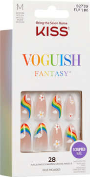 KISS Voguish Fantasy, migdałowe sztuczne paznokcie z tęczowymi falami i białymi kwiatami, widok z opakowania.