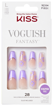 KISS VOGUISH FANTASY długie tipsy ballerina. Nude z fioletowym frenchem i fioletowymi kwiatkami w pudełku.