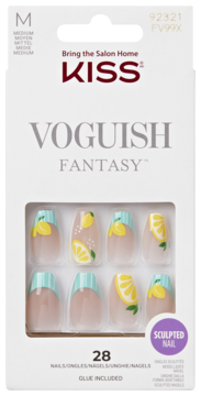 Kiss Voguish Fantasy: 28 sztucznych paznokci z motywem cytryn i błękitnych pasków, w białym opakowaniu z przodu.