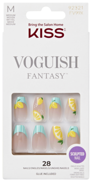 Kiss Voguish Fantasy: 28 sztucznych paznokci z motywem cytryn i błękitnych pasków, w białym opakowaniu z przodu.