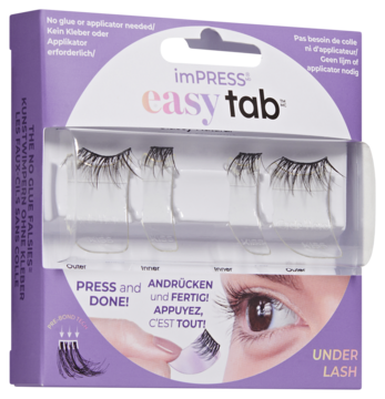 Fioletowe opakowanie sztucznych rzęs imPRESS easy tab, widoczne cztery segmenty rzęs do aplikacji pod spód.