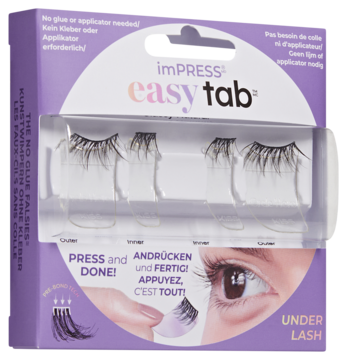 Fioletowe opakowanie sztucznych rzęs imPRESS easy tab, widoczne cztery segmenty rzęs do aplikacji pod spód.