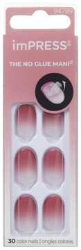 imPRESS The No Glue Mani, 30 krótkich, owalnych paznokci samoprzylepnych w różowo-białym ombre, widok z przodu opakowania.