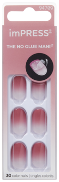 imPRESS The No Glue Mani, 30 krótkich, owalnych paznokci samoprzylepnych w różowo-białym ombre, widok z przodu opakowania.