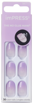 imPRESS THE NO GLUE MANI, krótkie, owalne paznokcie samoprzylepne ombre w odcieniach jasnego fioletu, front.