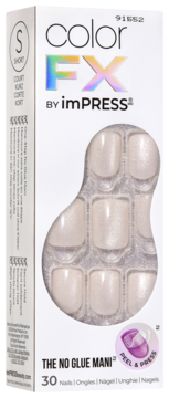 Front view of Color FX by imPRESS short, no-glue press-on nails in shimmery light pink, inside white box.