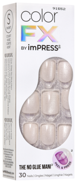 Front view of Color FX by imPRESS short, no-glue press-on nails in shimmery light pink, inside white box.