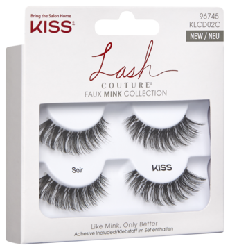 KISS Lash Couture Faux Mink Collection, białe pudełko z dwiema parami czarnych, puszystych rzęs, widok z przodu na białym tle.