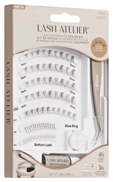 KISS Lash Atelier Kit z rzęsami 8-12mm, klejem, pęsetą i pierścieniem na klej, widok otwartego pudełka.