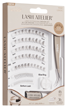 KISS Lash Atelier Kit z rzęsami 8-12mm, klejem, pęsetą i pierścieniem na klej, widok otwartego pudełka.