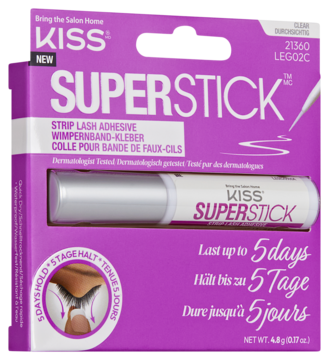 KISS SUPERSTICK klej do rzęs w różowym opakowaniu, widok z przodu, z białym aplikatorem i hasłem 'Last up to 5 days'.