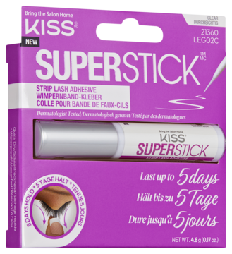 KISS SUPERSTICK klej do rzęs w różowym opakowaniu, widok z przodu, z białym aplikatorem i hasłem 'Last up to 5 days'.