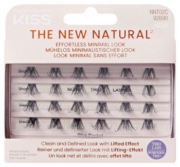 KISS The New Natural kępki rzęs dla minimalistycznego wyglądu, w białym pudełku z widocznymi czarnymi rzęsami.