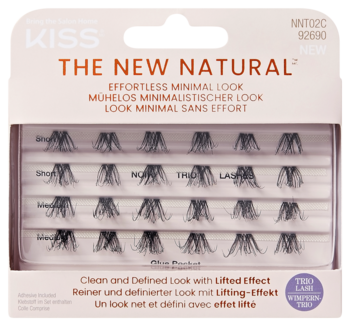 KISS The New Natural kępki rzęs dla minimalistycznego wyglądu, w białym pudełku z widocznymi czarnymi rzęsami.