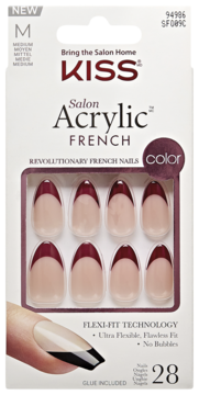 Kiss Salon Acrylic French nails M, migdałowe, w białym opakowaniu. 28 sztuk, nude z bordowym frenchem.