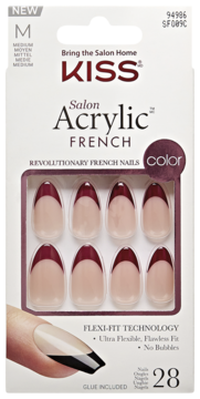 Kiss Salon Acrylic French nails M, migdałowe, w białym opakowaniu. 28 sztuk, nude z bordowym frenchem.