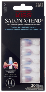 Kiss Salon X-Tend LED Soft Gel System, pudełko z 30 krótkimi żelowymi tipsami ombre róż-błękit, kształt coffin.