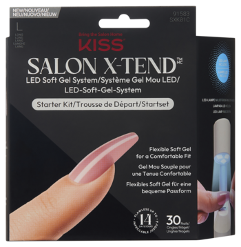 Czarne pudełko Kiss Salon X-Tend LED Starter Kit, długie, różowe, żelowe paznokcie coffin, lampa LED.