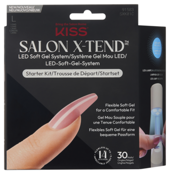 Czarne pudełko Kiss Salon X-Tend LED Starter Kit, długie, różowe, żelowe paznokcie coffin, lampa LED.