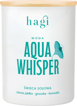 Hagi Aqua Whisper świeca sojowa, biały pojemnik z drewnianą pokrywką, widok z przodu, zapach jabłko, gruszka, konwalia.