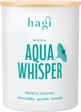 Hagi Aqua Whisper świeca sojowa, biały pojemnik z drewnianą pokrywką, widok z przodu, zapach jabłko, gruszka, konwalia.
