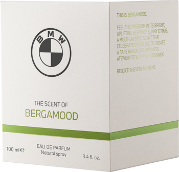 Białe pudełko wody perfumowanej BMW The Scent of Bergamood 100 ml z zielonym akcentem i logo, widok z boku.