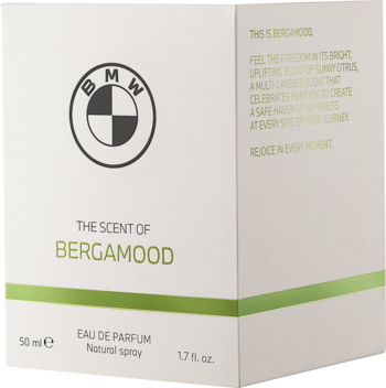 BMW BERGAMOOD Woda perfumowana, białe pudełko z logo, zielone detale, widok z przodu i boku, 50 ml.