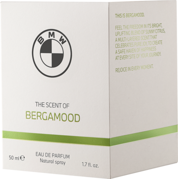 BMW BERGAMOOD Woda perfumowana, białe pudełko z logo, zielone detale, widok z przodu i boku, 50 ml.