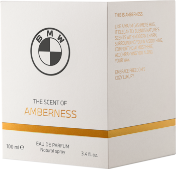 Białe pudełko wody perfumowanej BMW Amberness 100ml, ze złotym logo i nazwą, widok z przodu i boku.