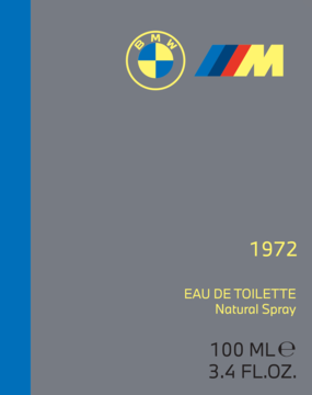 Perfumy męskie BMW M 1972 EDT 100ml. Front szarego opakowania z logo i niebieskim paskiem, cytrusowo-korzenny zapach.