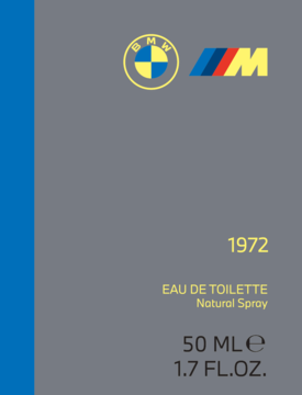 Perfumy BMW M 1972, flakon 50ml, szary z niebieskim paskiem, z logo, cytrusowo-korzenny zapach.