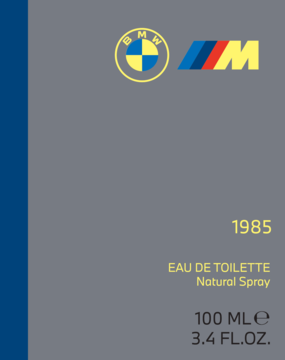 Flakon BMW M 1985 Eau de Toilette 100ml, szary z niebieskim paskiem, logo BMW M i rok '1985', widok z przodu.