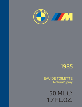 Szare opakowanie BMW Eau de Toilette 1985 50ml z niebieskim paskiem, widoczne logo BMW M, widok frontalny.