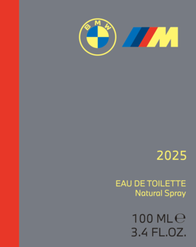 BMW M 2025 Eau de Toilette, szare opakowanie z czerwonym paskiem, loga BMW i M, widok z przodu.