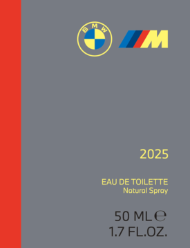 Opakowanie BMW M Eau de Toilette 2025, 50ml, szare z czerwonym paskiem, logo. Zapach męski AROMATYCZNO-FOUGERE.