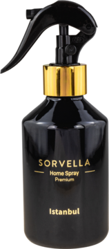 Sorvella Home Spray Istanbul, czarna butelka z złotym kołnierzem i czarnym atomizerem, widok z przodu.
